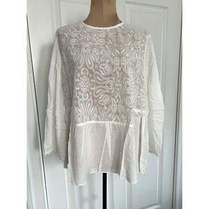 Endless Rose Blouse Top Round Neck 3/4 Bell Sleeve Front Lace Panel White Sz L